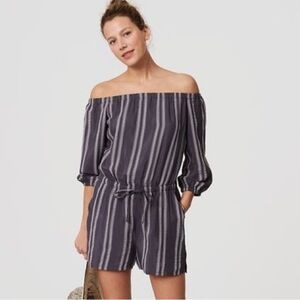 Ann Taylor Loft Beach, Off the shoulder striped blue romper, size small